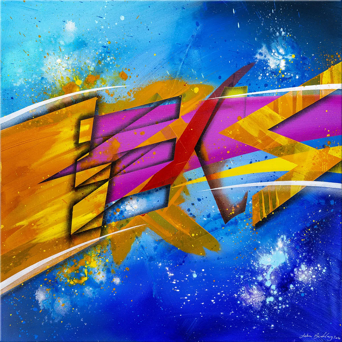 Vue d’ensemble de la peinture abstraite Eightiesium, formes géométriques colorées sur fond bleu vibrant. — Eightiesium, John Beckley