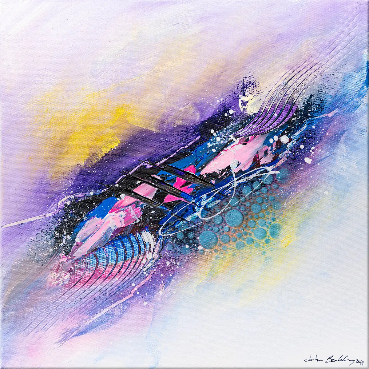 Vue entière de la peinture abstraite Samian, diagonale colorée sur fond violet, jaune et blanc — Samian, John Beckley