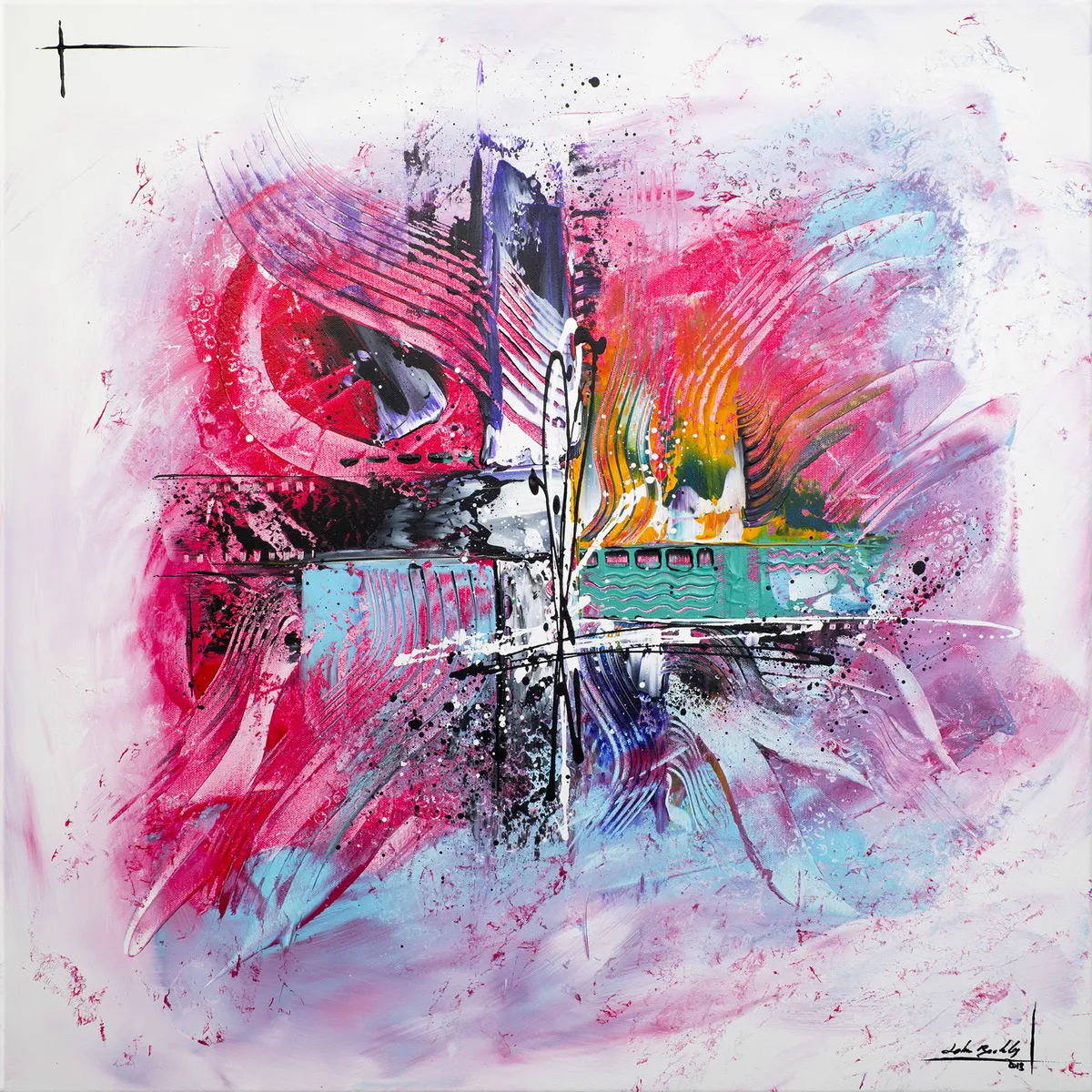 Peinture abstraite colorée sur fond clair, avec centre vibrant rose, turquoise, noir et orange, vue de face. — Lumière, John Beckley