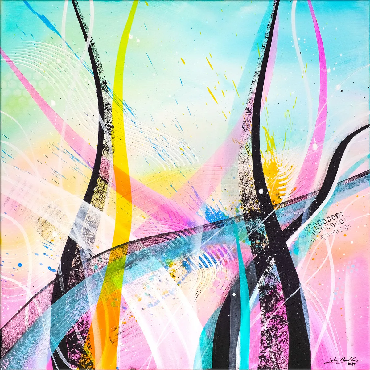 Vue d’ensemble de la peinture abstraite colorée avec grands arcs noirs, jaunes, roses et bleus sur fond clair dégradé. — Morpheme, John Beckley