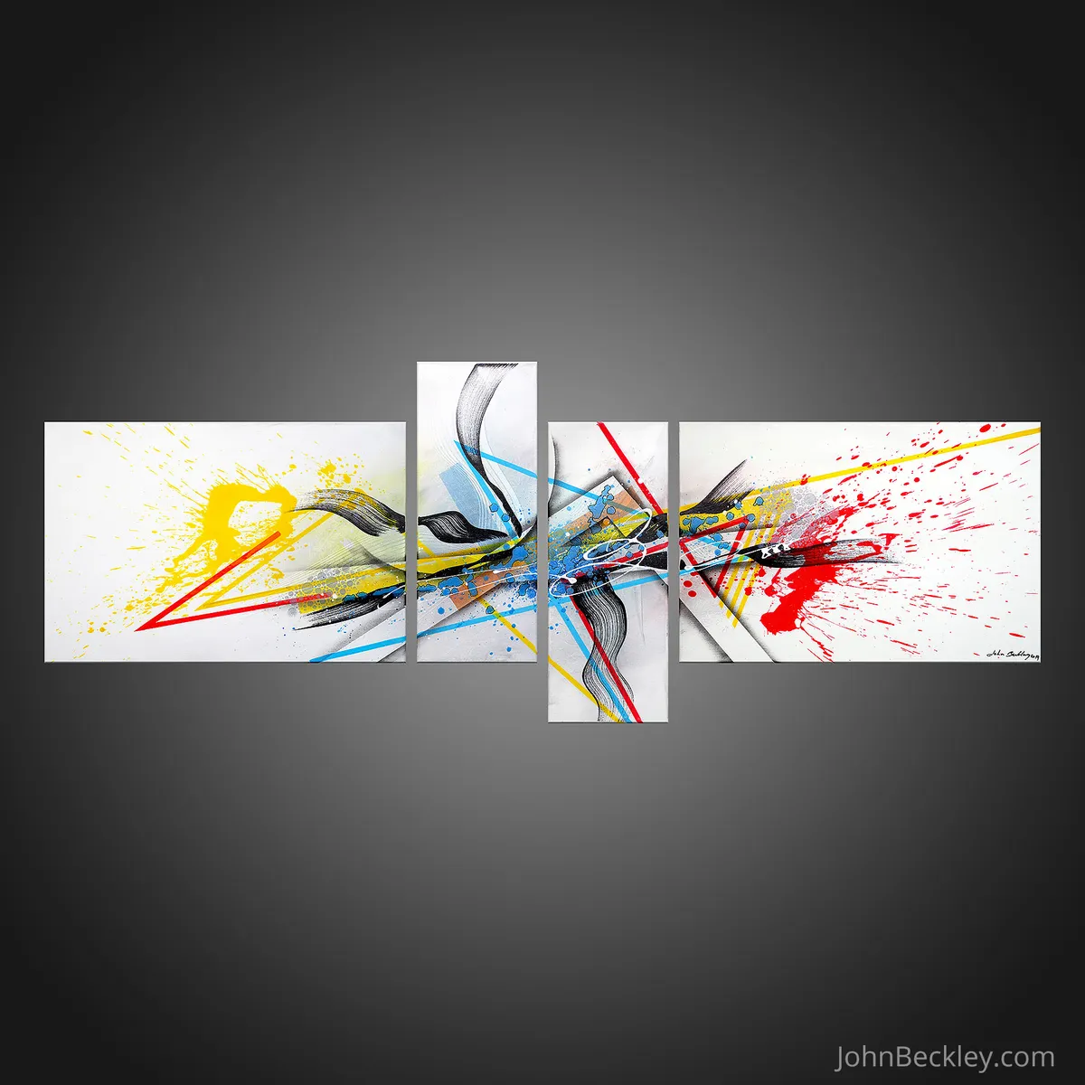 Vue d’ensemble de la peinture abstraite en quatre panneaux, fond blanc et éclats de couleurs vives sur fond gris neutre. — Time, John Beckley