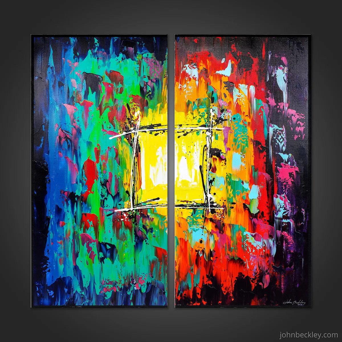 Diptyque abstrait très coloré avec centre jaune lumineux encadré de traits noirs et blancs sur fond multicolore — Safari, John Beckley