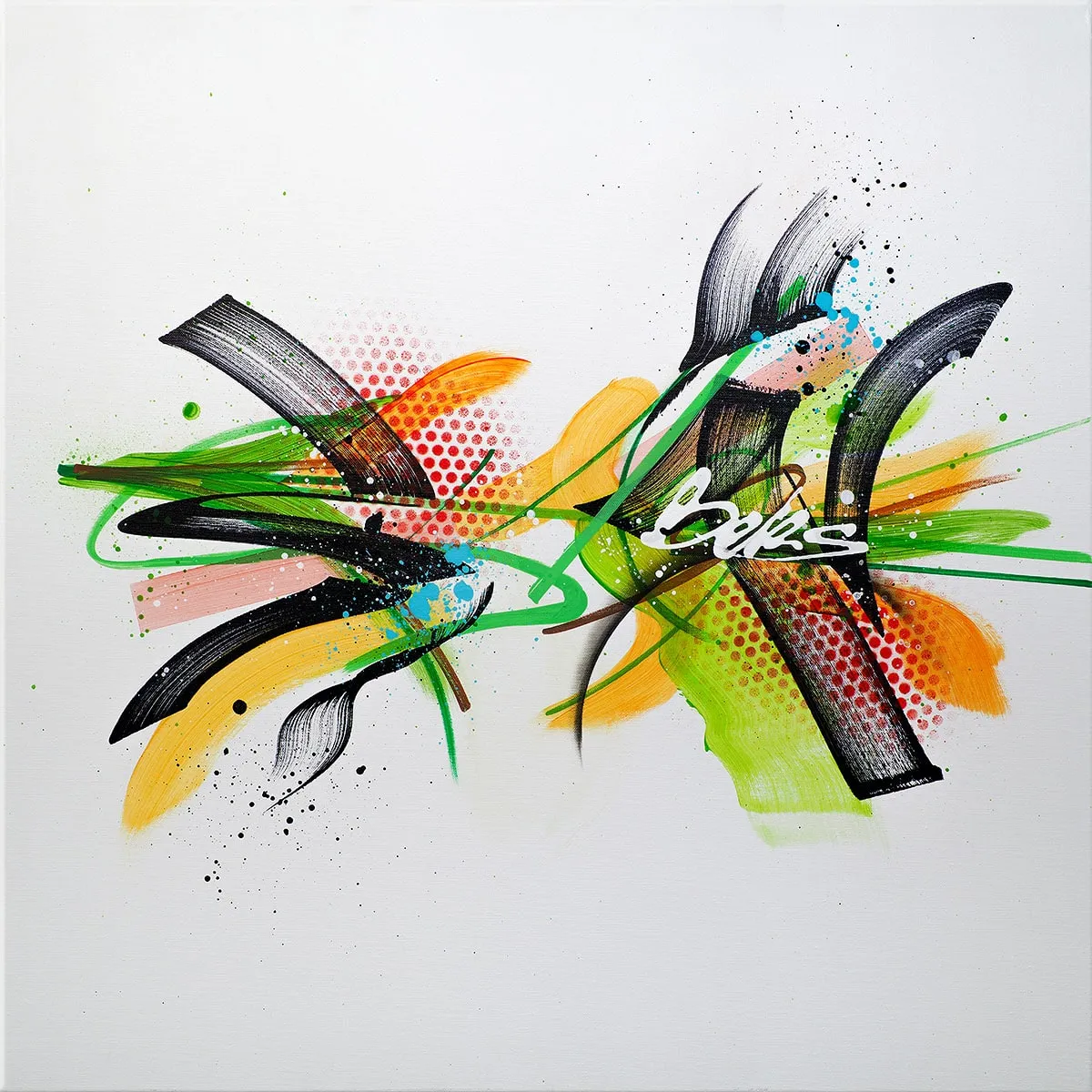 Peinture abstraite centrale sur fond blanc, arcs noirs et couleurs vertes, orange et jaunes avec éclaboussures et points colorés. — Nature, John Beckley