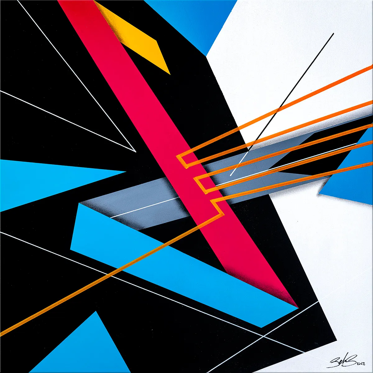 Peinture abstraite géométrique avec lignes orange et formes bleu, rose et noires sur fond blanc et noir. — Momento, John Beckley