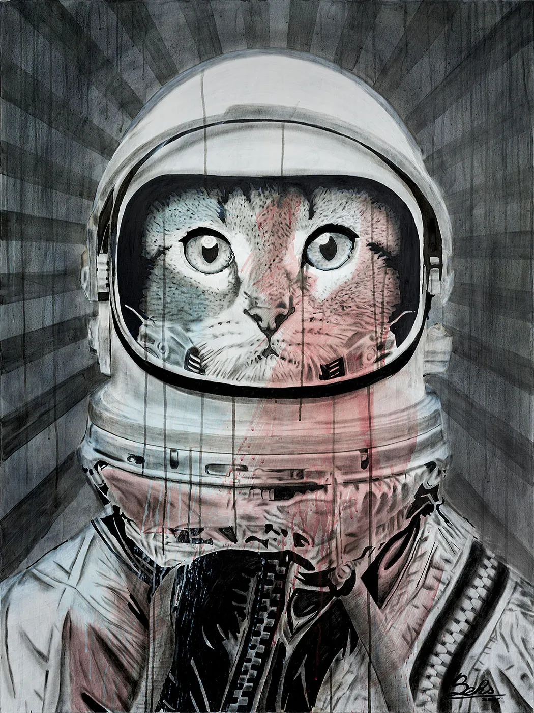 Peinture figurative d’un chat dans un casque de cosmonaute, en vue frontale avec fond rayonnant gris et rosé. — Félicette, John Beckley