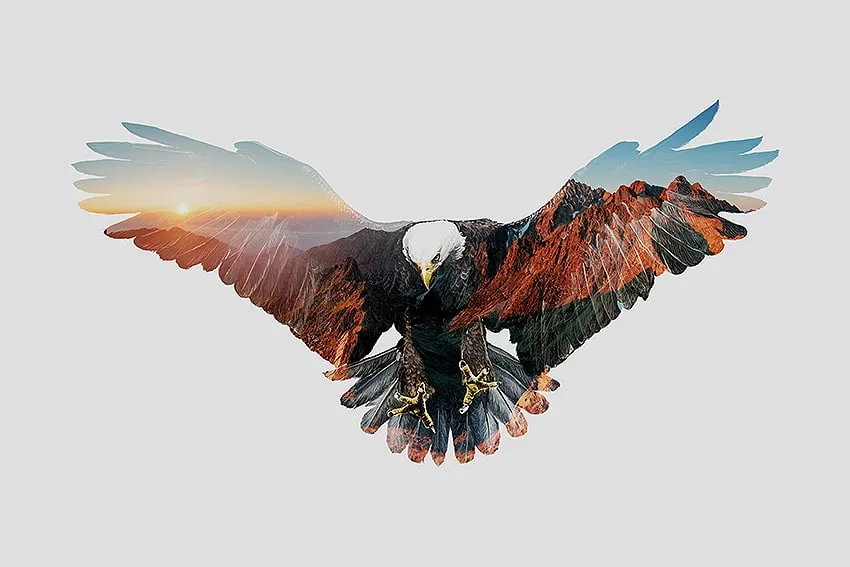 Silhouette d’un aigle aux ailes déployées remplie d’un paysage de montagnes rouges et de ciel lumineux sur fond gris clair. — American eagle - Tirage d’Art – Signé / Numéroté, John Beckley