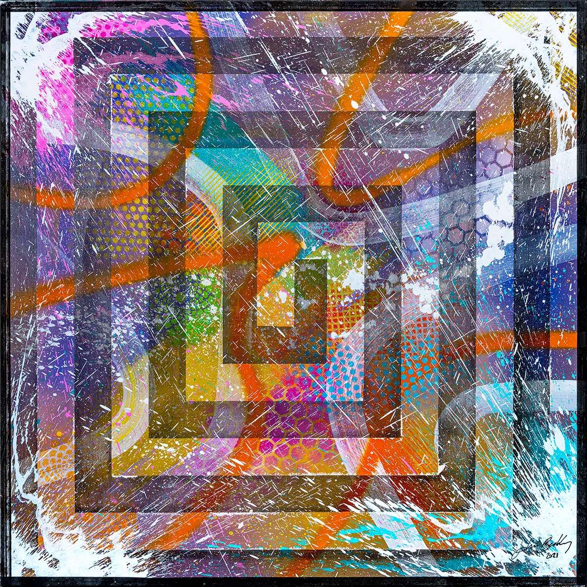 Peinture abstraite carrée avec rectangles concentriques colorés, motifs de points et nombreuses éclaboussures et rayures blanches. — Infinity, John Beckley