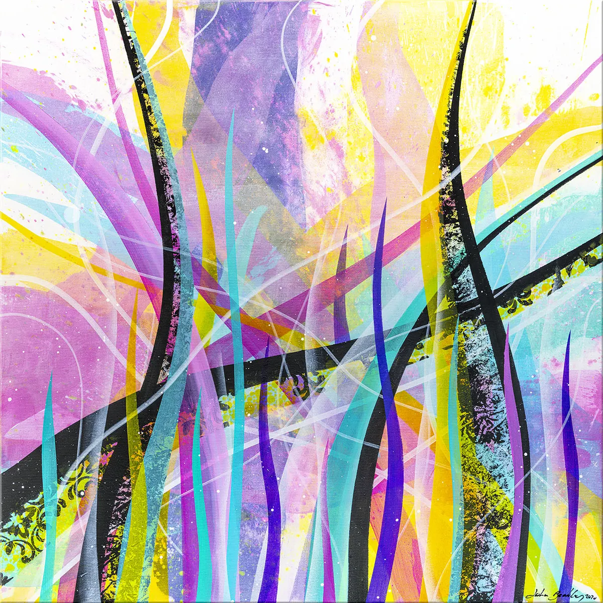 Vue frontale de la peinture abstraite multicolore avec lignes courbes noires, violettes, turquoise et fond jaune violet lumineux. — Postero Mane, John Beckley