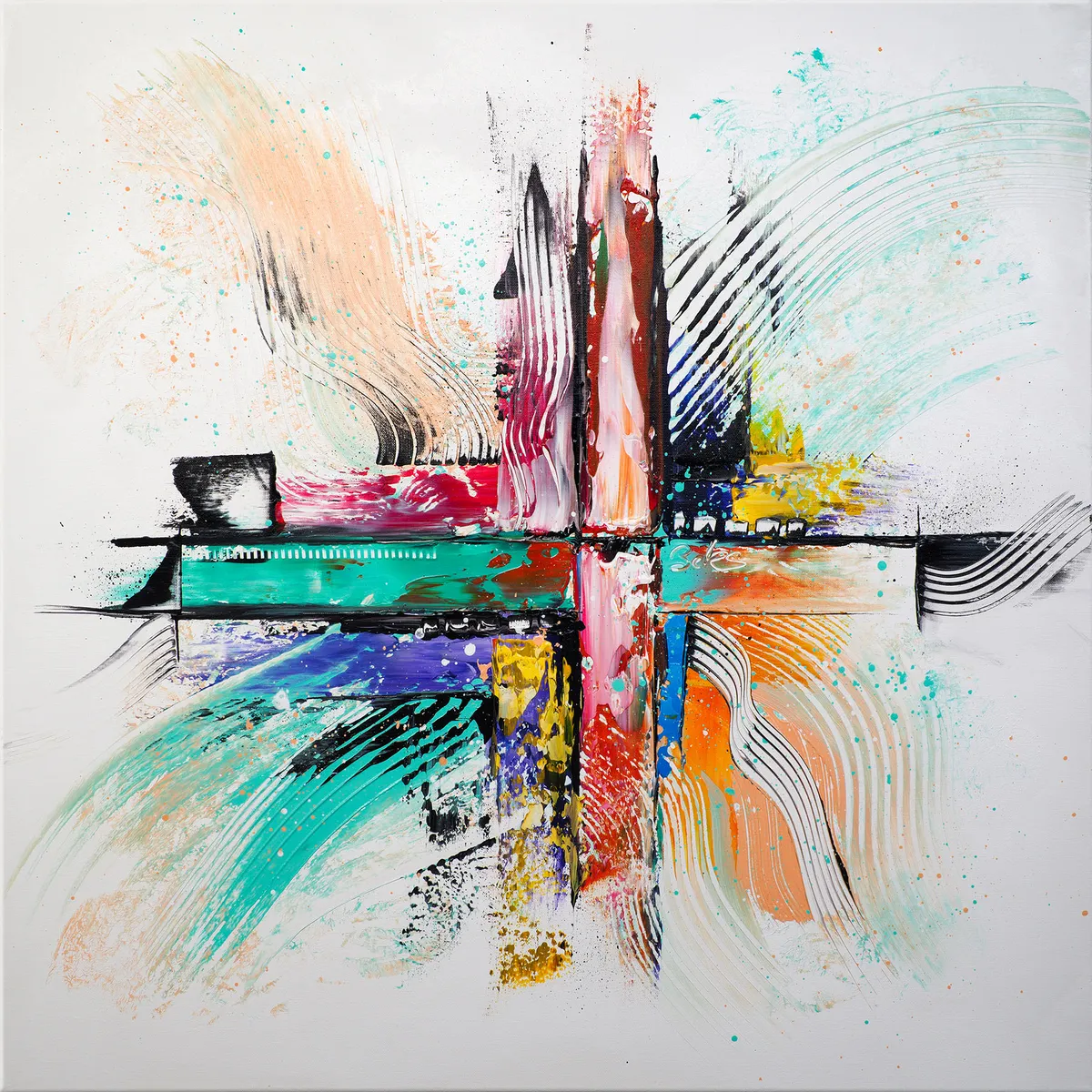 Peinture abstraite colorée en forme de croix centrale sur fond blanc lumineux. — Lorian, John Beckley