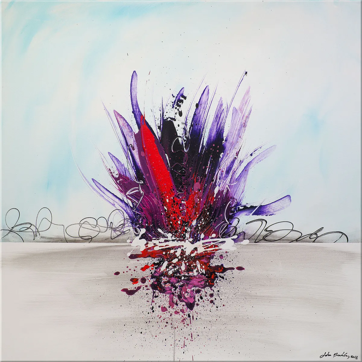 Peinture abstraite avec explosion centrale violette et rouge sur fond clair bleu et gris. — Lothus, John Beckley