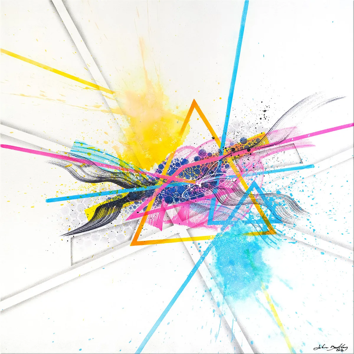 Peinture abstraite blanche avec explosion centrale de lignes colorées, triangles orange et rose, taches jaunes et bleues. — Temporalis, John Beckley