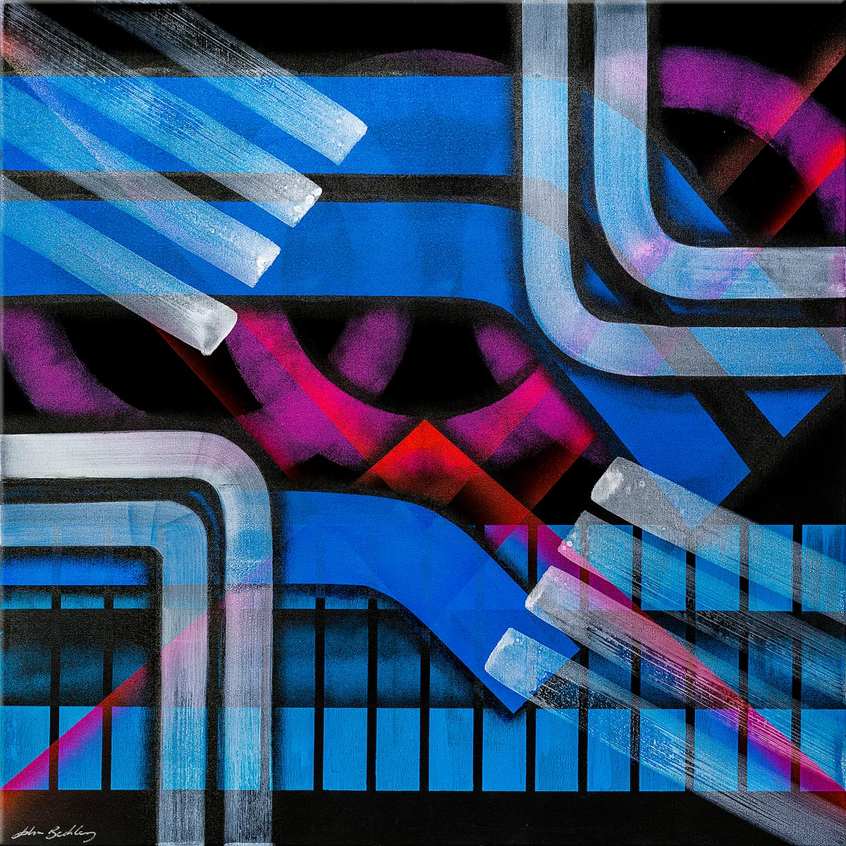 Vue d’ensemble de la peinture abstraite aux bandes bleues, blanches et roses sur fond noir. — Antevenir Tempori, John Beckley