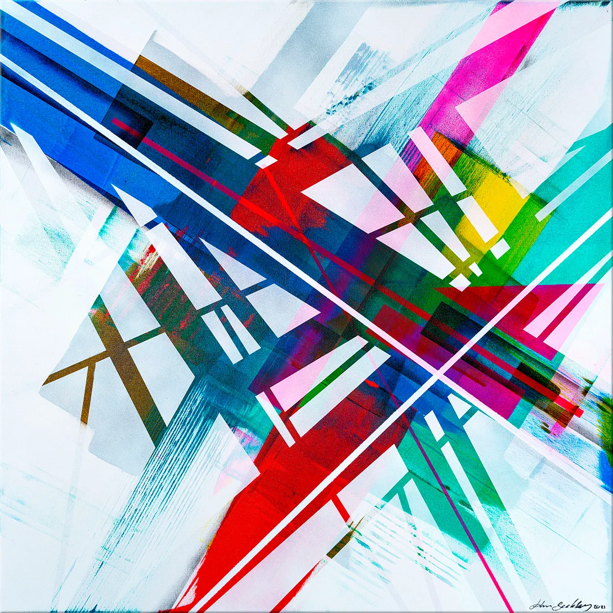 Vue d’ensemble de la peinture abstraite Exactus, composée de lignes diagonales colorées et de formes géométriques blanches sur fond clair. — Exactus, John Beckley