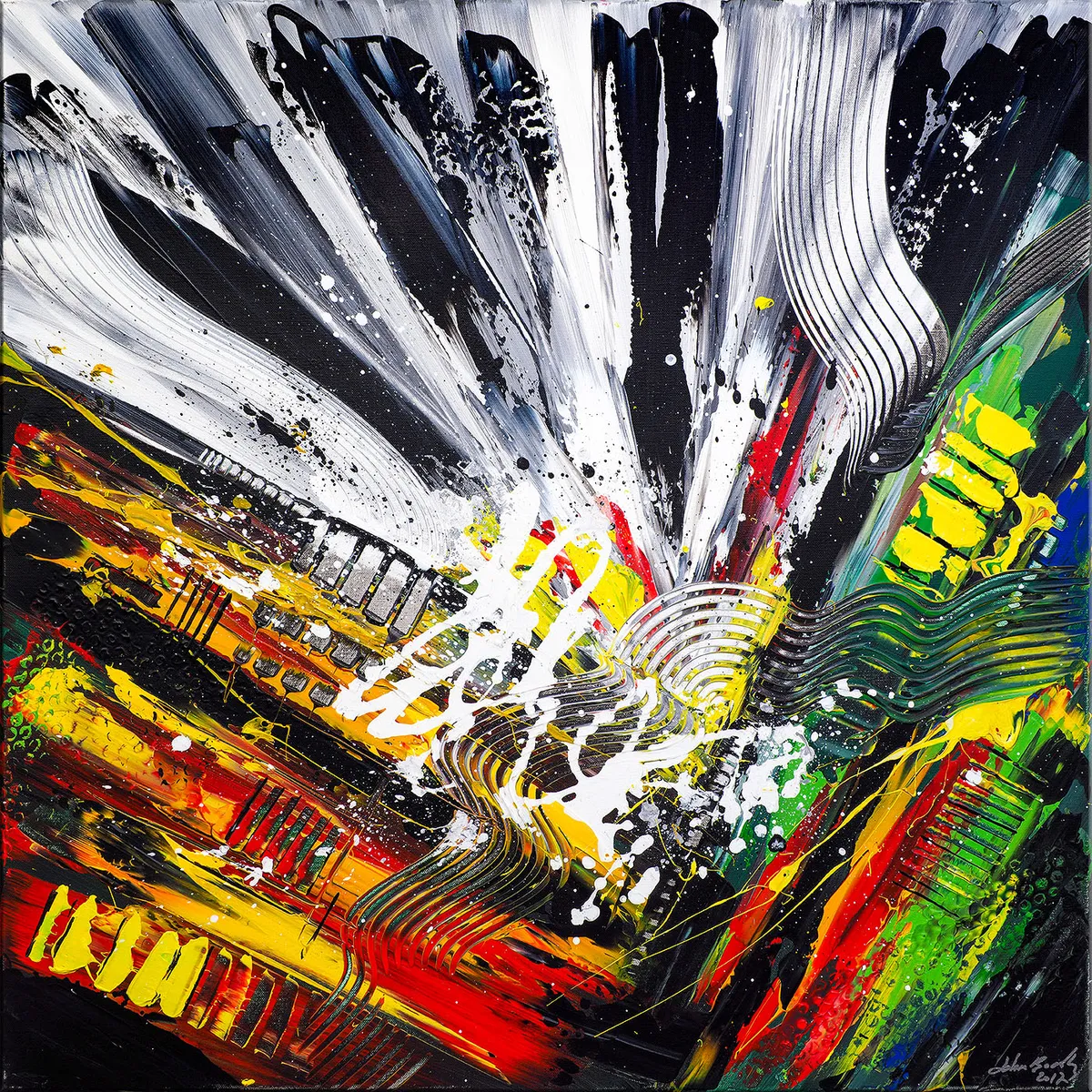 Peinture abstraite carrée aux lignes noires et blanches rayonnantes, avec zones rouges, jaunes et vertes très vives. — Chronaxie, John Beckley