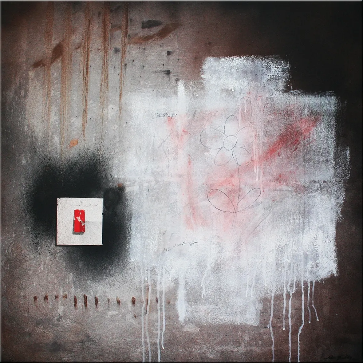 Peinture abstraite sombre avec grande zone blanche texturée, fleur esquissée et petit carré clair au rectangle rouge à gauche. — This Place Is Death - Art Print - Signed/Numbered, John Beckley