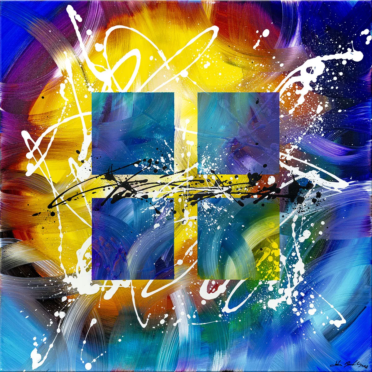 Peinture abstraite colorée avec deux grands rectangles bleus au centre sur fond jaune et bleu tourbillonnant. — Utopia, John Beckley