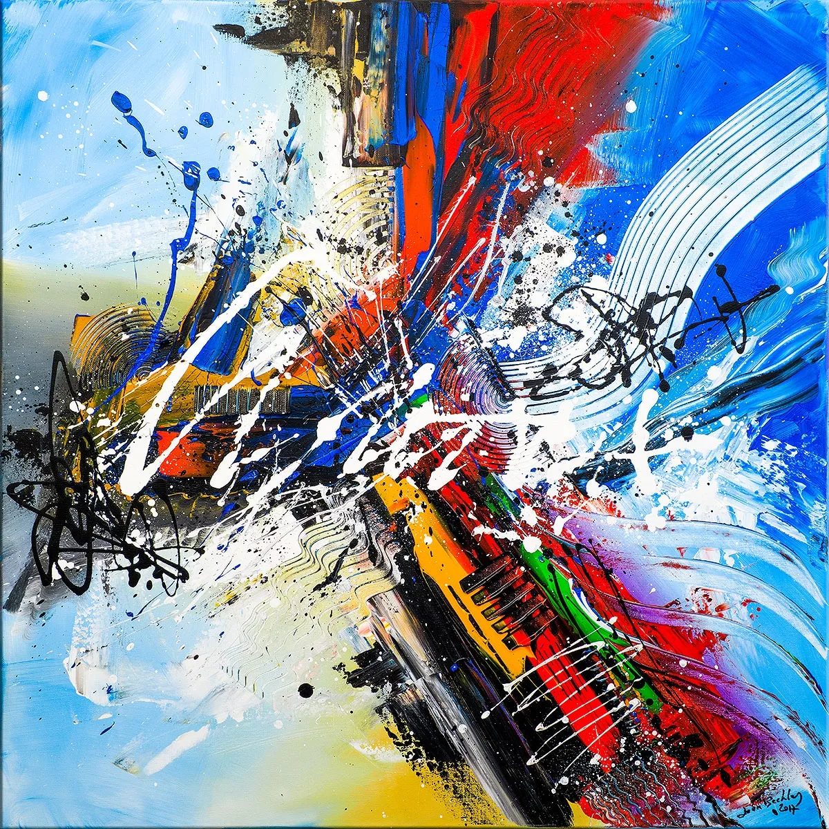 Peinture abstraite carrée aux couleurs vives avec diagonales rouges, bleues et noires éclaboussées de blanc et de noir. — War Machine, John Beckley