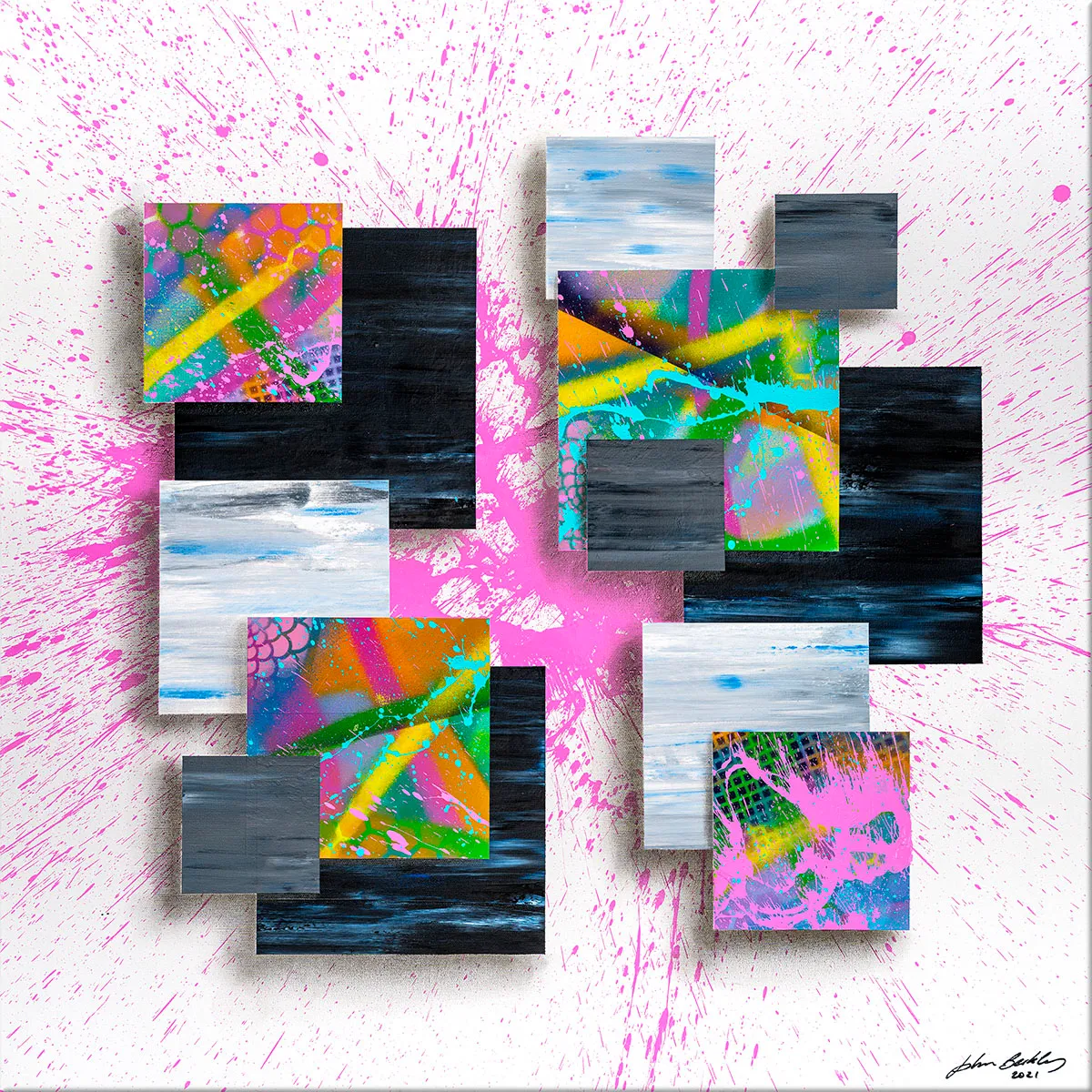 Peinture abstraite composée de carrés colorés et sombres superposés sur un fond blanc éclaboussé de rose vif. — Quadrata, John Beckley