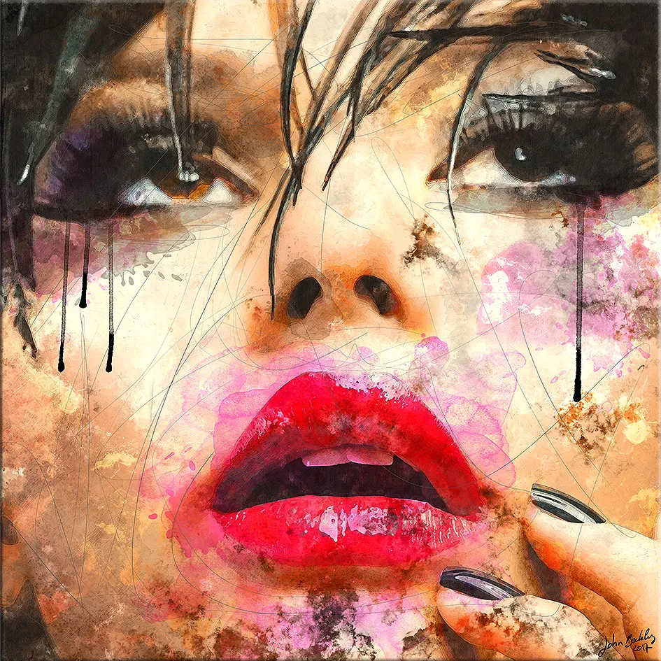 Gros plan d’un visage féminin maquillé, yeux soulignés de noir qui coulent et lèvres rouges très vives, en cadrage serré. — Crying, John Beckley
