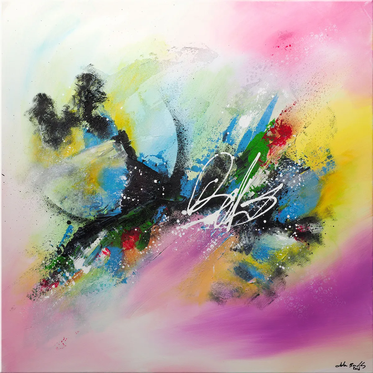 Vue d’ensemble d’une peinture abstraite colorée avec larges dégradés roses, sphère claire et gestes noirs et blancs éclaboussés. — Ribes, John Beckley