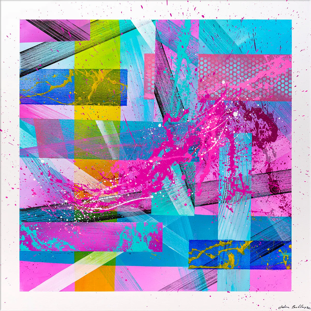 Peinture abstraite carrée très colorée, faite de rectangles géométriques et d’éclaboussures rose vif sur fond blanc. — Acid Night, John Beckley