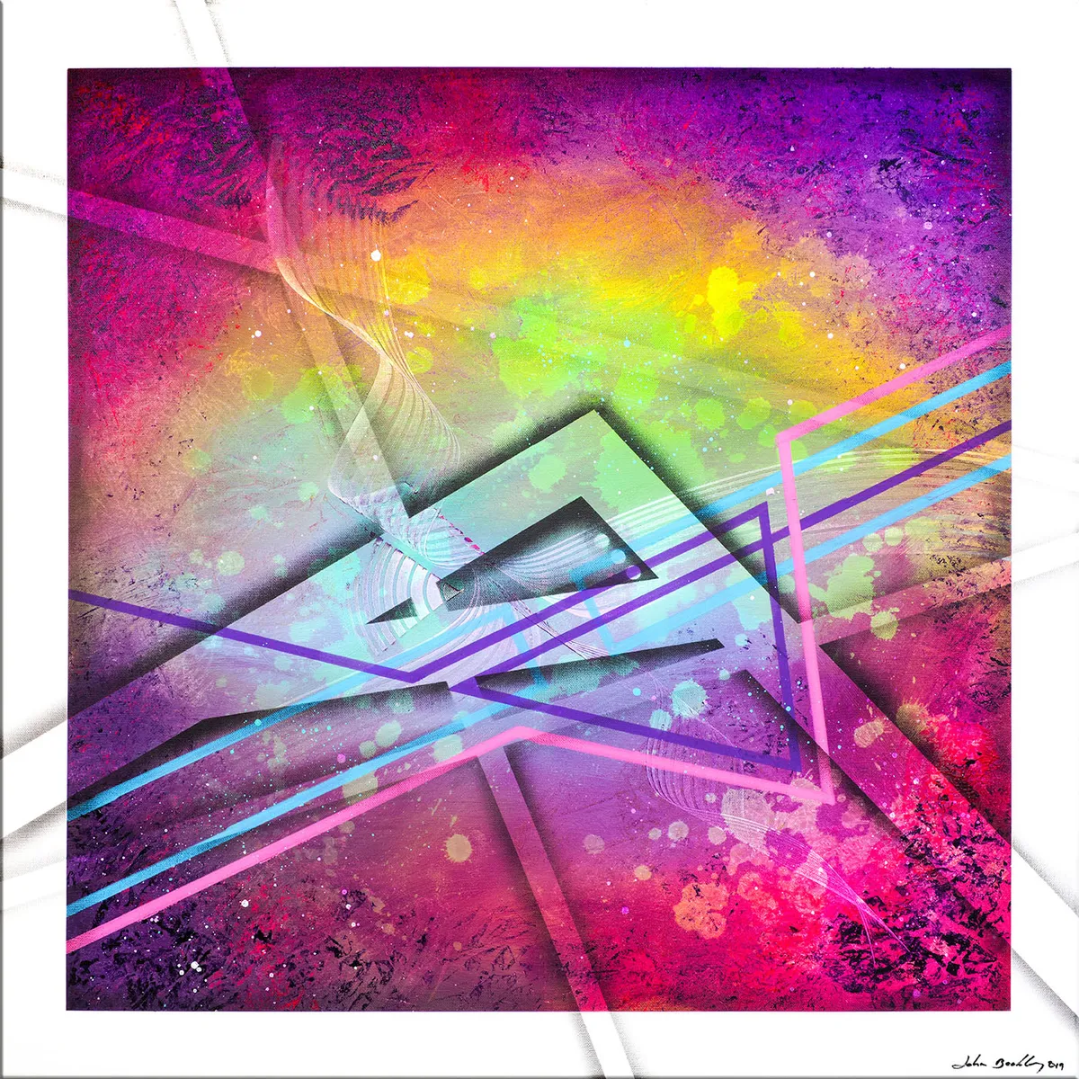 Peinture abstraite carrée très colorée, dominée par un dégradé arc-en-ciel et des lignes géométriques diagonales. — Dolly, John Beckley