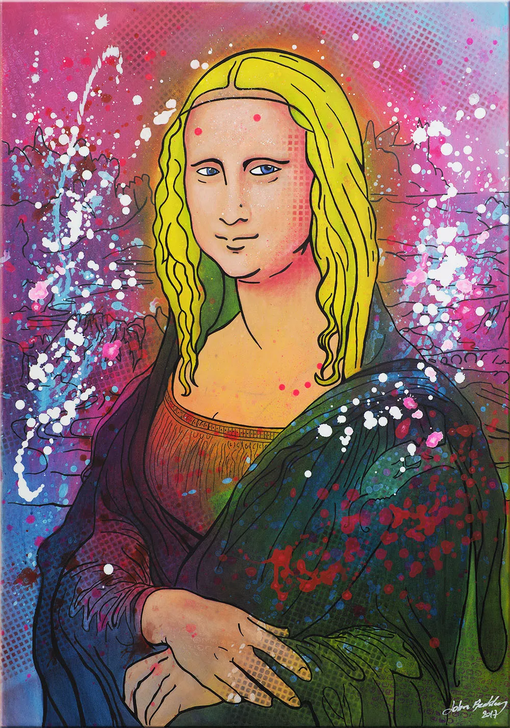 Vue rapprochée de la peinture Joconde 2.0, portrait coloré sur fond éclaboussé de taches blanches et roses. — Joconde 2.0, John Beckley