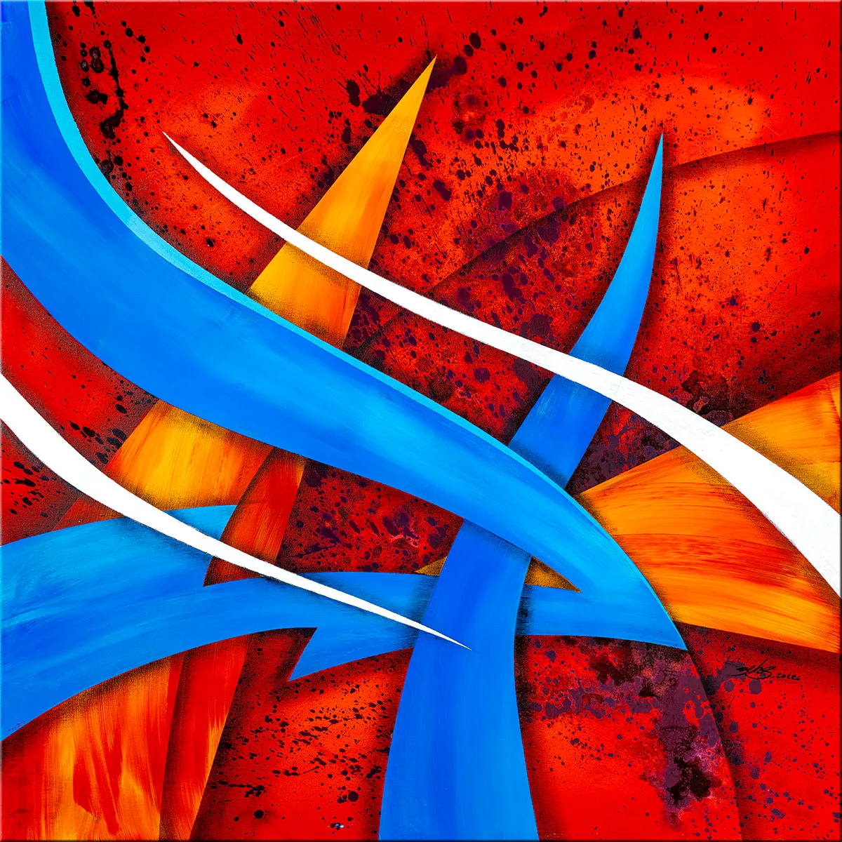 Peinture abstraite rouge avec arcs bleus et bandes blanches formant des croisements dynamiques. — Deltax, John Beckley