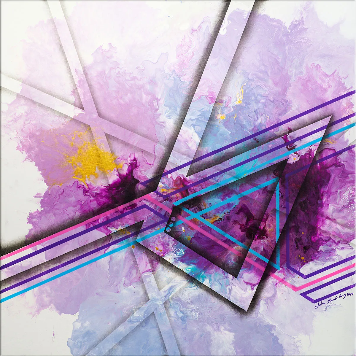 Vue d’ensemble de la peinture abstraite carrée aux nuages violets et lignes géométriques turquoises et violettes. — Nyx, John Beckley