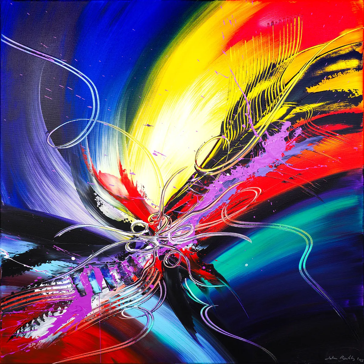 Peinture abstraite colorée avec explosion centrale de jaune, rouge, bleu et lignes courbes claires. — Miro, John Beckley