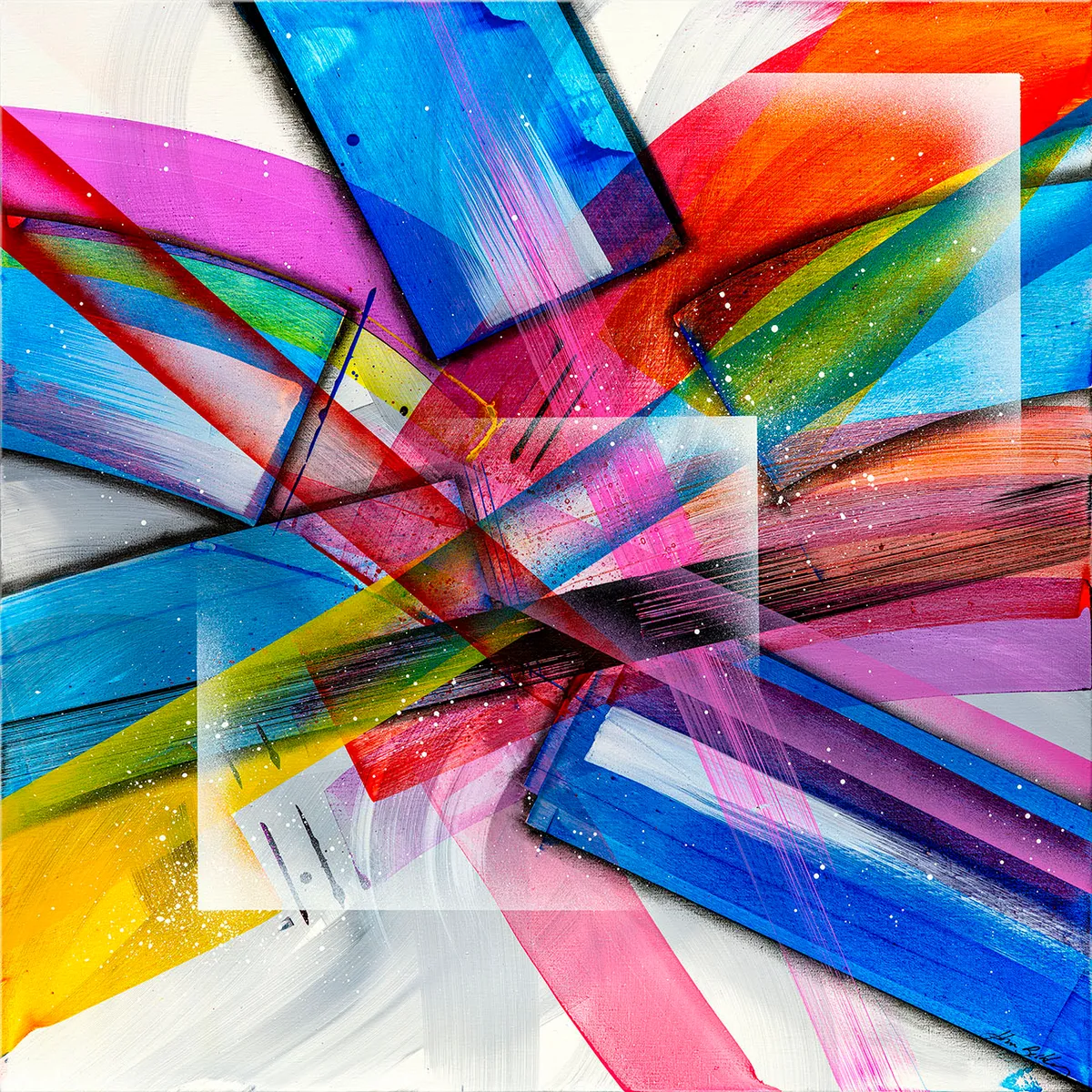 Peinture abstraite colorée avec rectangles et bandes diagonales bleues, roses, jaunes et rouges sur fond clair. — Nativitatis, John Beckley