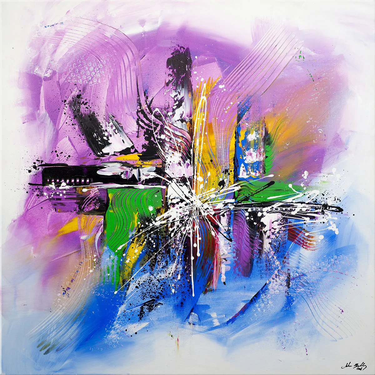 Peinture abstraite colorée avec explosion centrale blanche sur fond violet, bleu, vert et jaune. — It's A Miracle, John Beckley