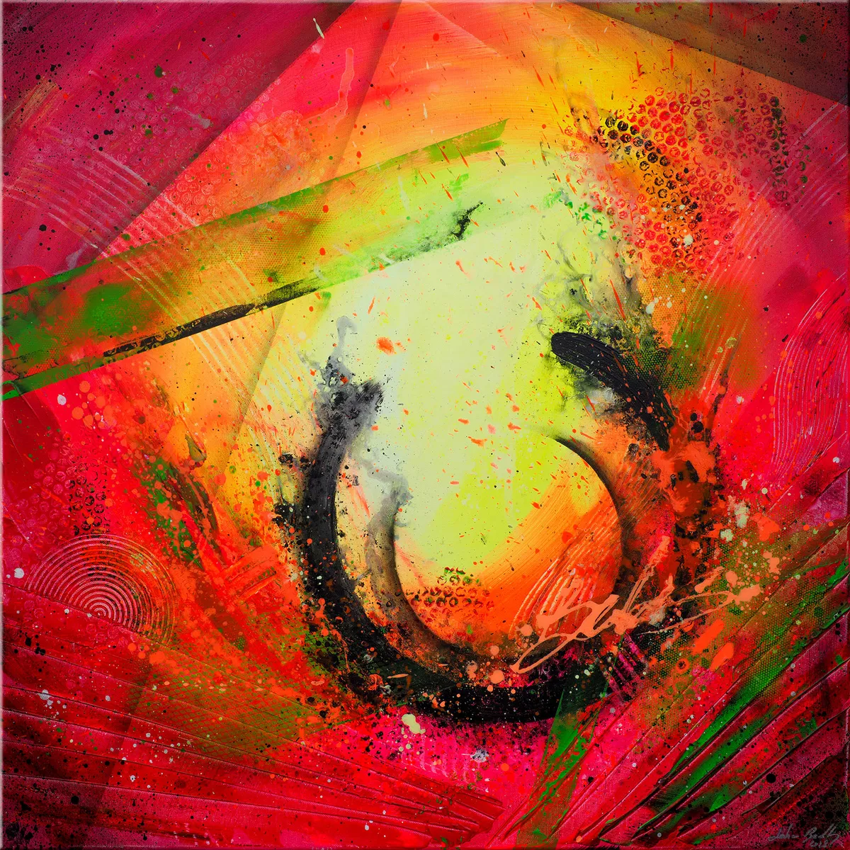 Peinture abstraite carrée aux tons rouges, orange et jaunes avec un grand arc noir central sur fond lumineux. — Autumn Burning, John Beckley