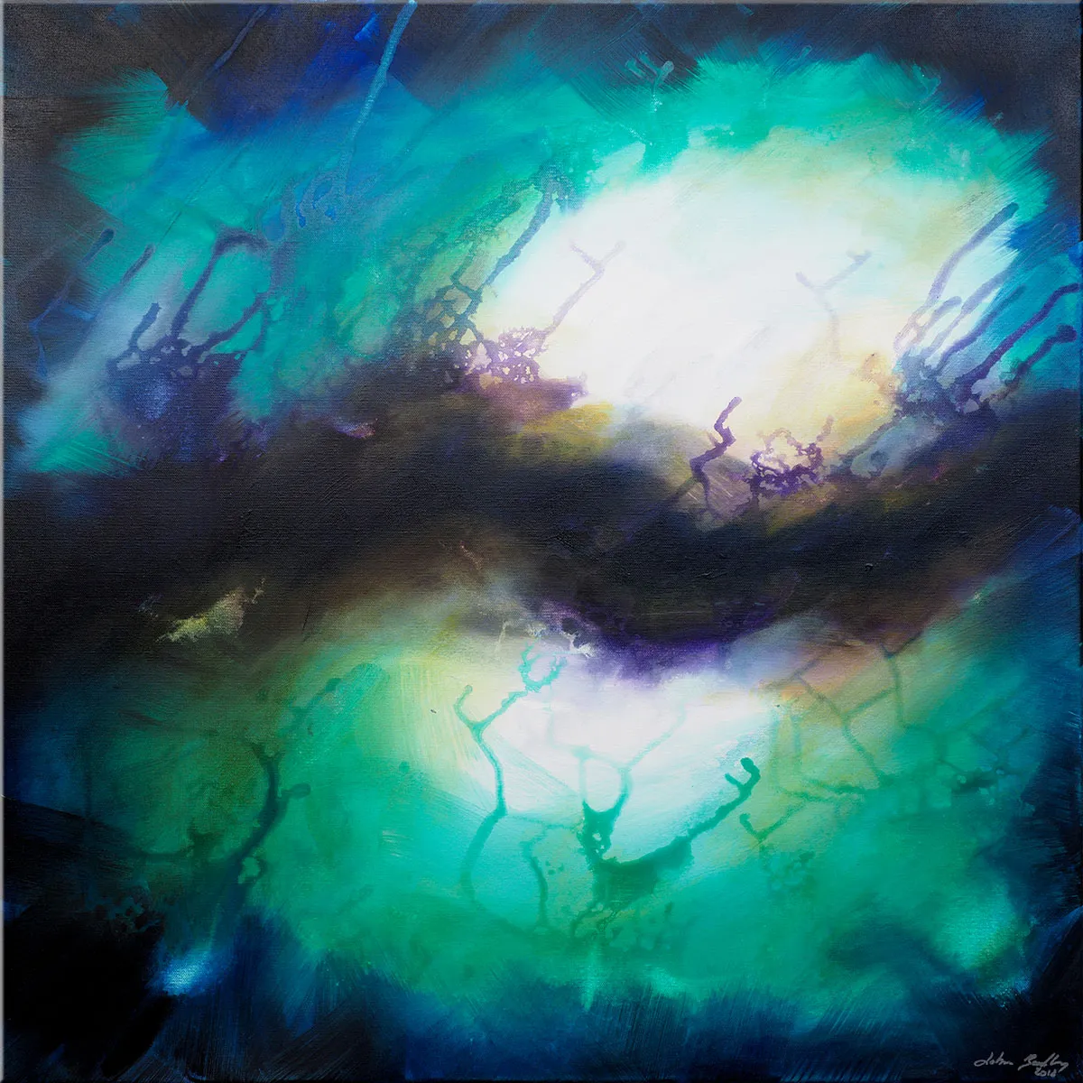 Peinture abstraite aux dominantes turquoise et bleu avec un centre très lumineux entouré de zones sombres. — Velio, John Beckley