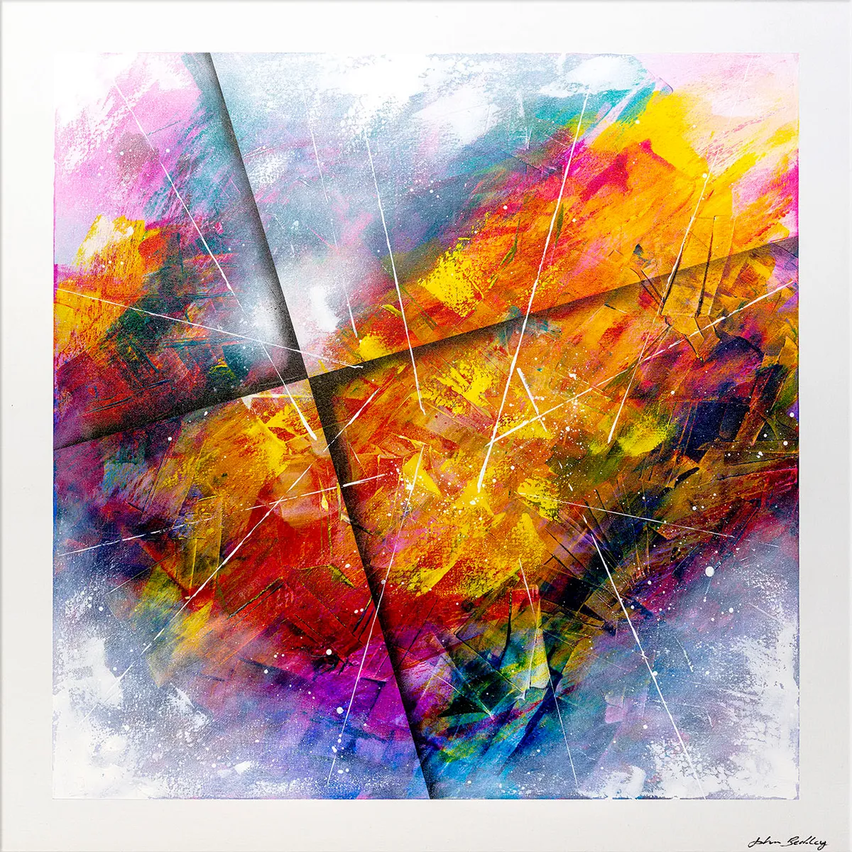 Vue d’ensemble de la peinture abstraite « Hora » aux couleurs vives, avec diagonales sombres et traits blancs sur fond encadré de blanc. — Hora, John Beckley