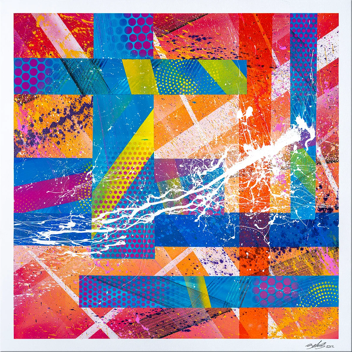 Peinture abstraite carrée très colorée composée de bandes géométriques et d’une large éclaboussure blanche centrale. — Terra, John Beckley