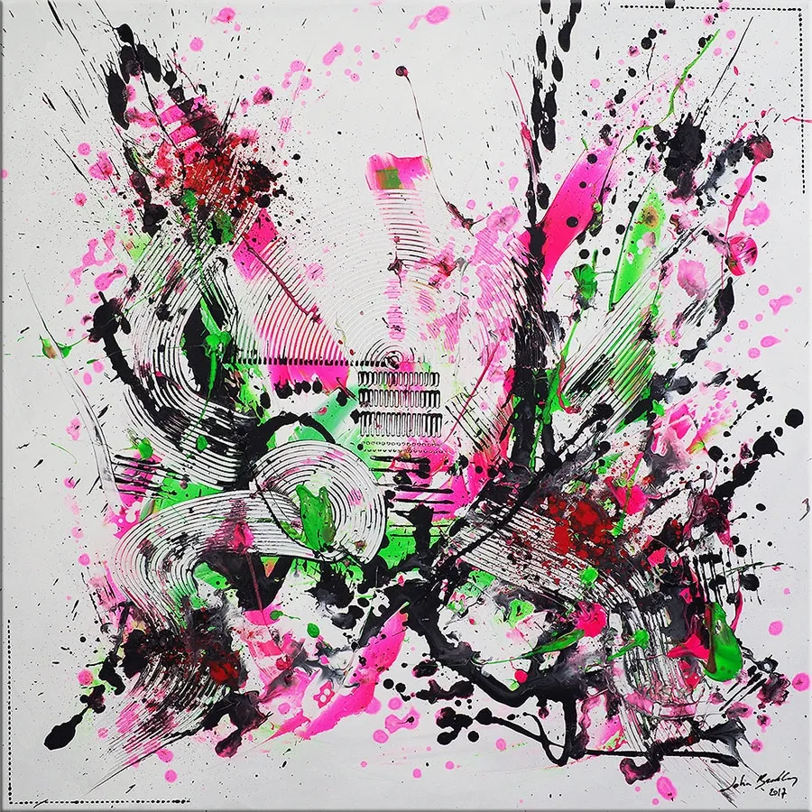 Peinture abstraite vue de face, fond blanc avec éclaboussures rose, vert, noir et rouge et lignes courbes noires. — Explomium, John Beckley