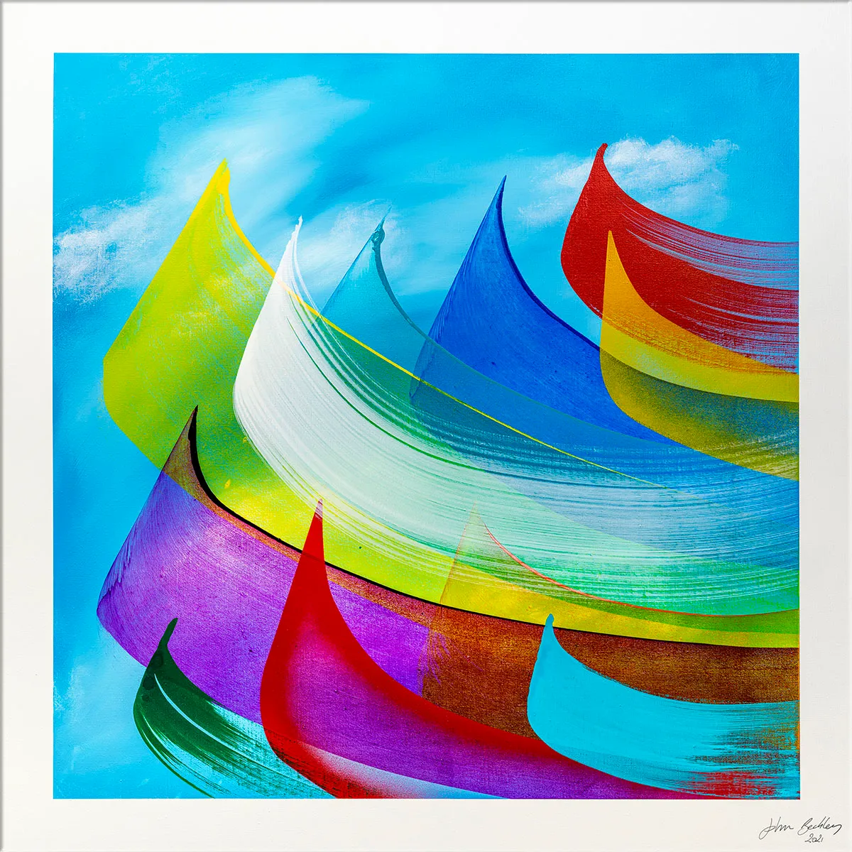 Peinture abstraite aux larges courbes colorées sur fond de ciel bleu lumineux, vue de face. — Over The Rainbow, John Beckley