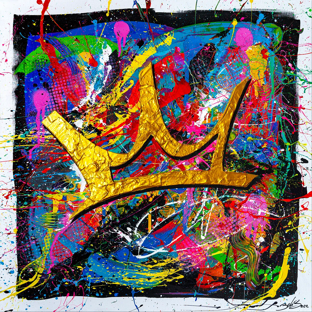 Peinture abstraite avec grande couronne dorée au centre sur fond multicolore éclaboussé. — Vialis#2, John Beckley