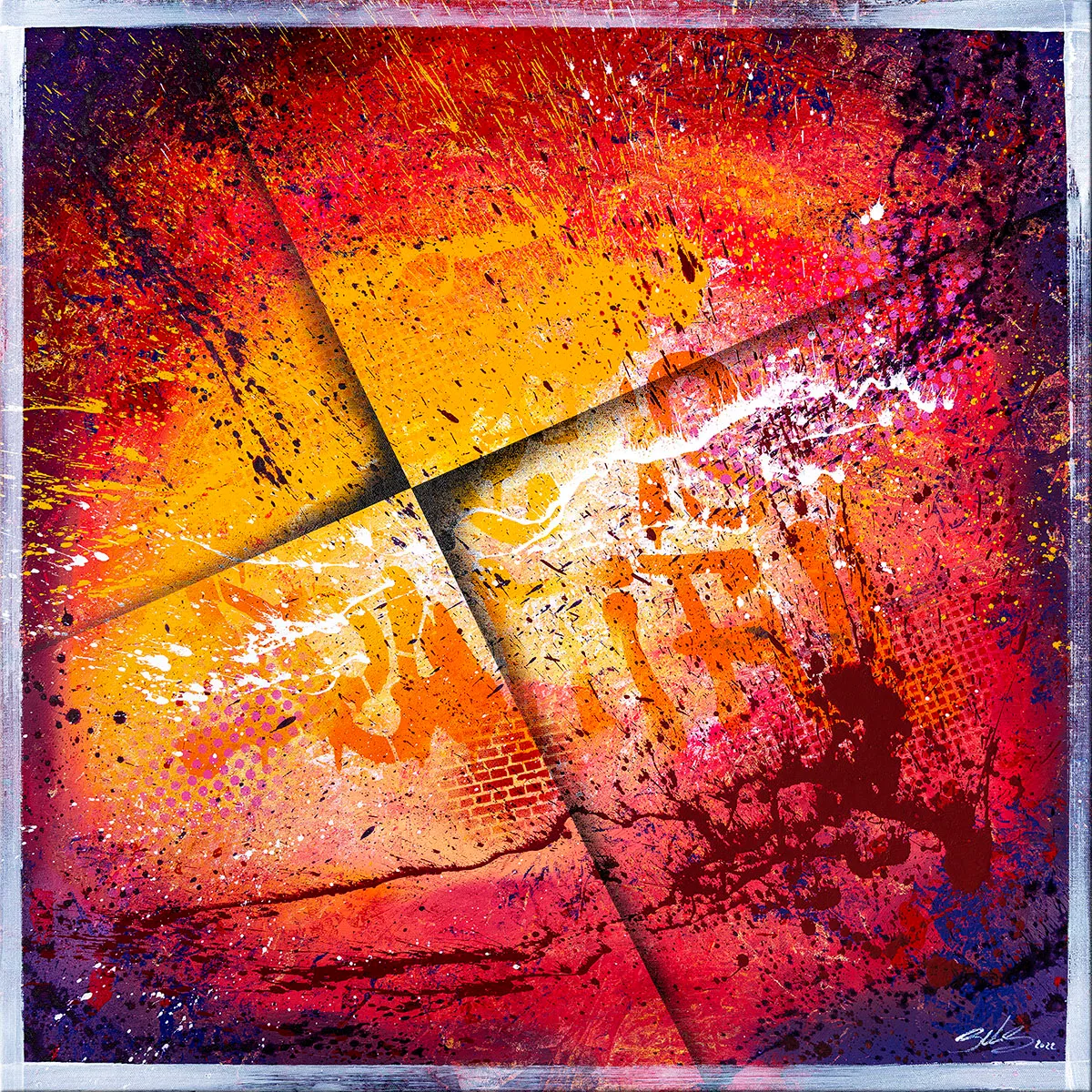 Peinture abstraite colorée vue de face, divisée en quatre pans obliques aux tons jaunes, rouges et violets. — Tutti Frutti, John Beckley