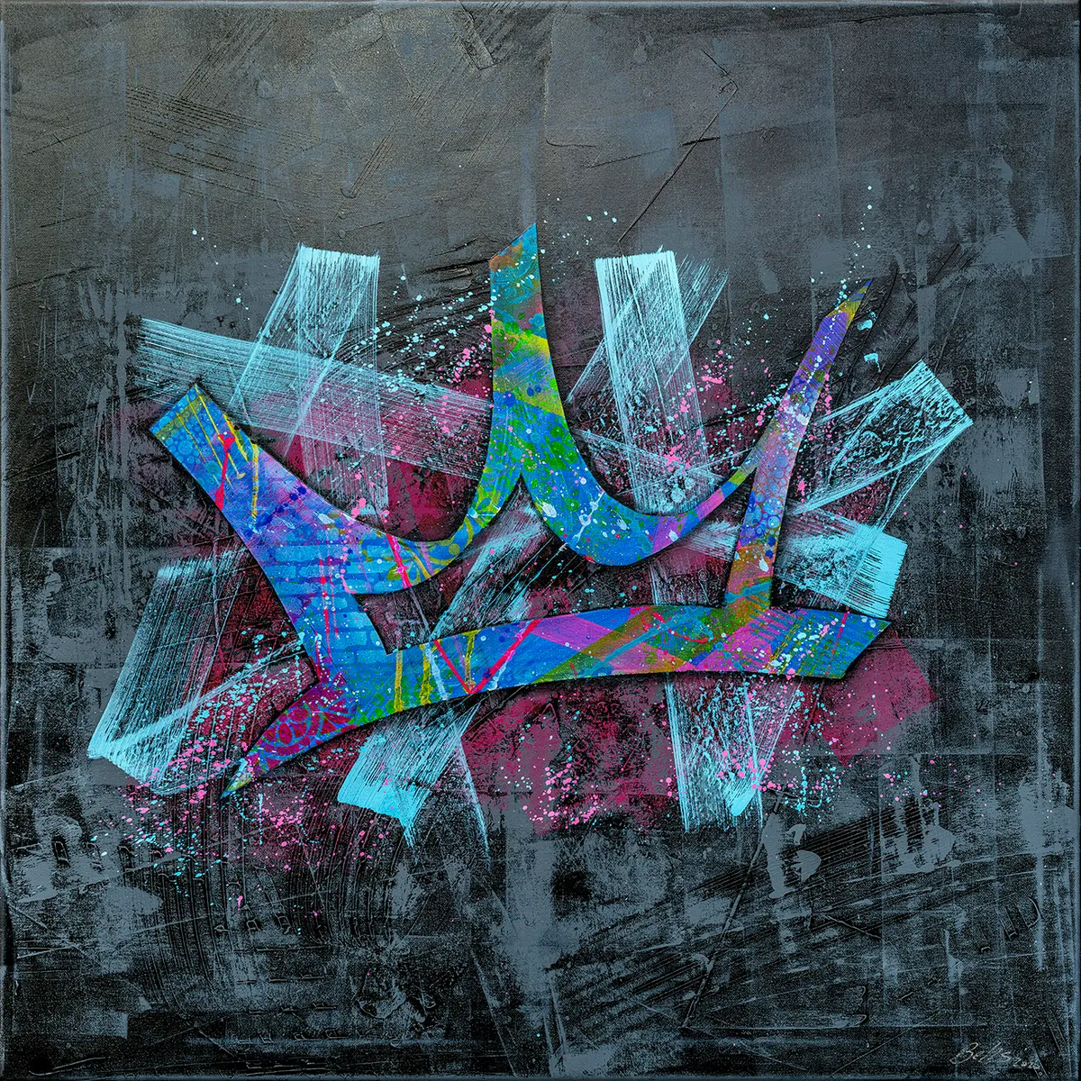 Peinture abstraite montrant une grande couronne colorée sur fond sombre texturé noir et gris. — Regnum, John Beckley