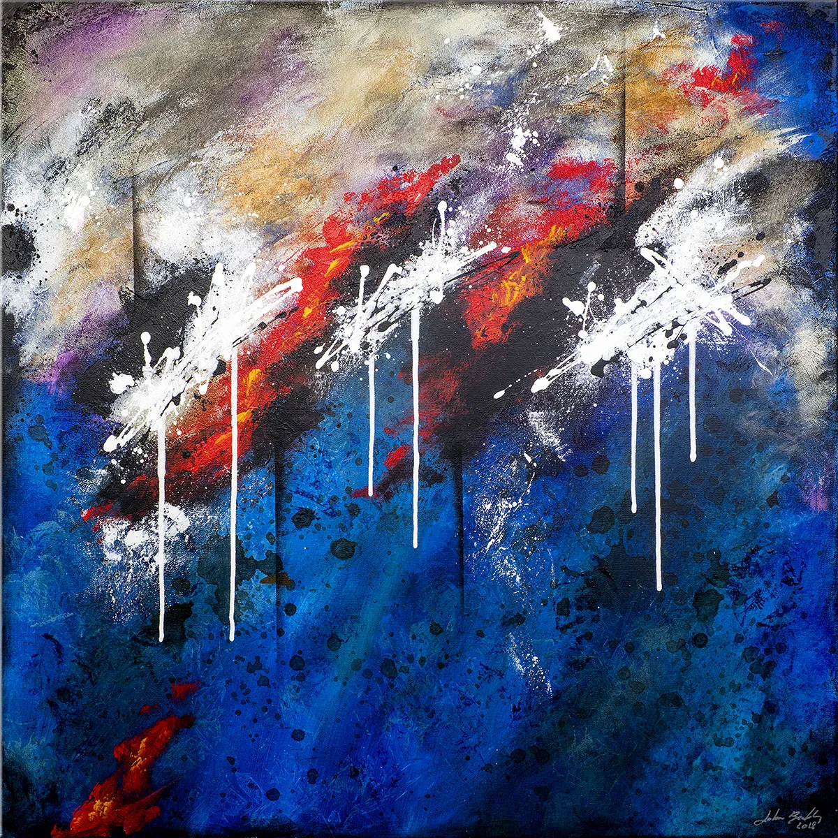 Peinture abstraite dominée par des bleus profonds, bande rouge centrale et éclaboussures blanches verticales. — Grace, John Beckley