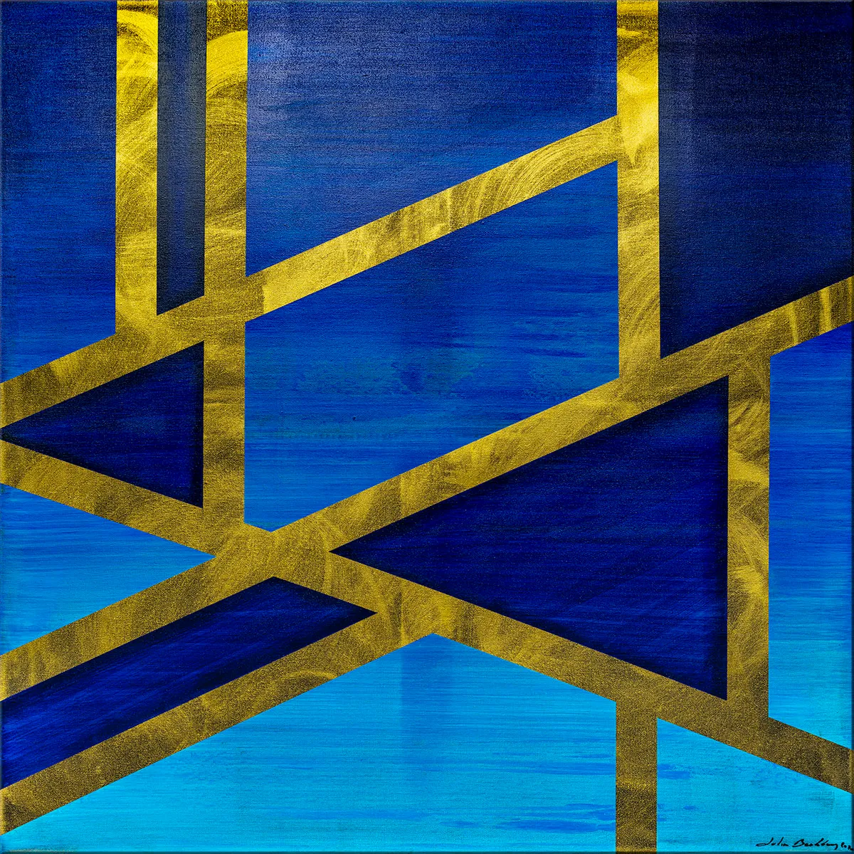 Peinture abstraite bleue traversée de larges lignes dorées formant triangles et trapèzes géométriques. — Or Bleu, John Beckley