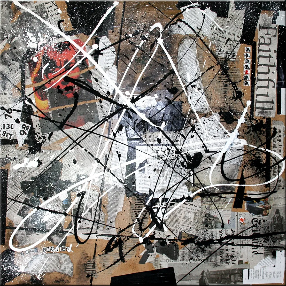 Composition abstraite avec portrait rouge partiel, collages de journaux et larges projections noires et blanches en diagonale. — Marianne - Tirage d'Art - Signé / Numéroté, John Beckley