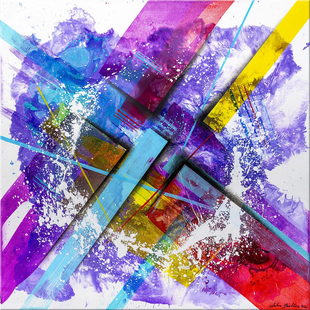 Peinture abstraite colorée avec larges bandes diagonales et éclaboussures blanches sur fond violet et bleu. — Somnium, John Beckley