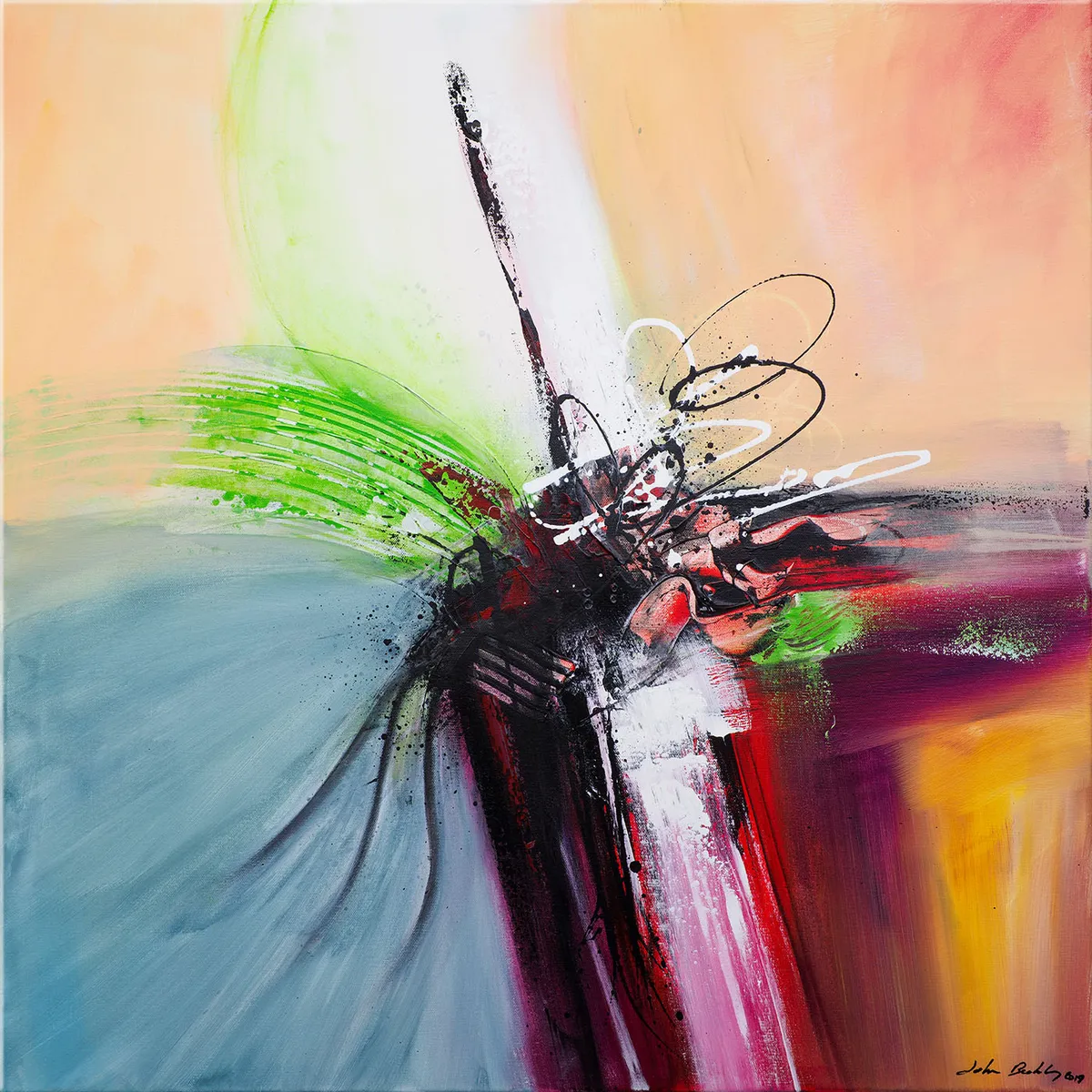 Peinture abstraite colorée avec explosion centrale de lignes noires, rouges et vertes sur grands aplats bleu et orangé. — Silia, John Beckley