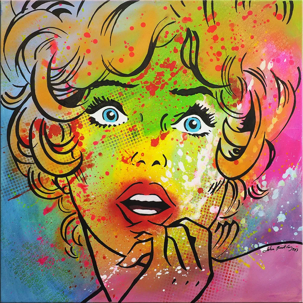 Portrait pop art coloré d’un visage surpris en gros plan sur fond éclaboussé de couleurs vives. — Who Is There?, John Beckley