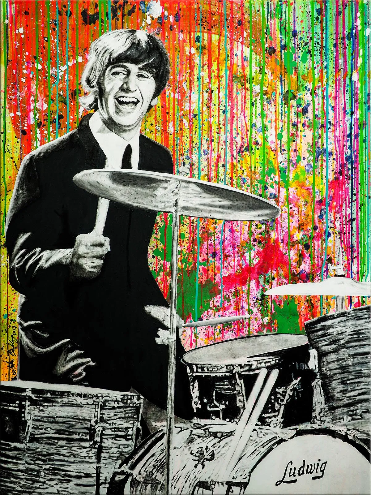 Peinture d’un batteur en noir et blanc devant un fond éclaboussé de coulures verticales multicolores. — Roll On Ringo, John Beckley