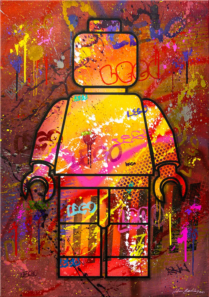 Peinture Pop Art LEGO Noa#7 de John Beckley, figurine aux couleurs orange, jaune, rose et rouge — Noa#7, John Beckley