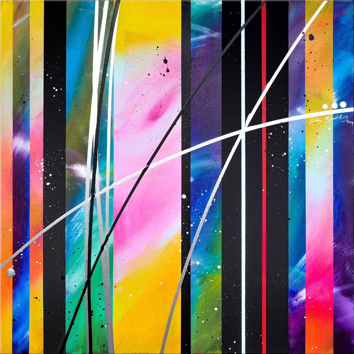 Peinture abstraite aux bandes verticales multicolores et noires traversées par des lignes diagonales blanches et noires. — Incisus, John Beckley